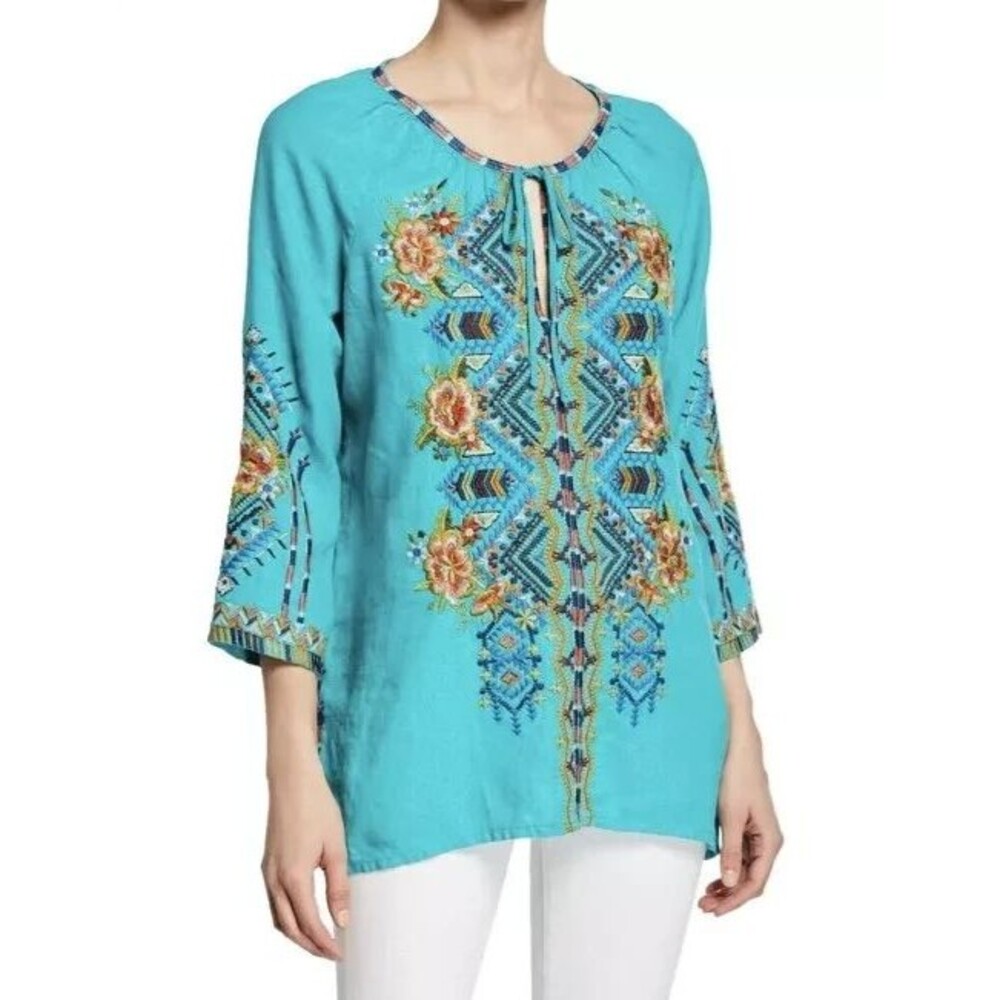 Johnny Was Linen Sentrie Peasant Blouse Floral Embroidered Blue 3/4 Sleeve XXL - Picture 15 of 16